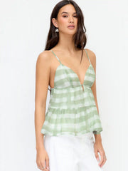 Stripe Sweetheart Backless Ruffle Hem Oversized Cami Blouse
