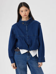 Washed Denim Stand Collar Oversized Crop Jacket