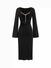 Boat Neck Bell Sleeve Backless Ruched Midi Dress With Chain Detail