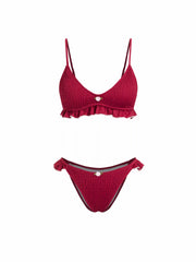 Rosette V-neck Smocked Triangle Bikini Top & Low Rise Smocked Bikini Bottom Set
