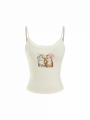 Pointelle Cat Graphic U-neckline Lace Trim Bowknot Cami Top