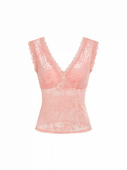 Flocked Floral Lace Panel V-neck Sleeveless Top