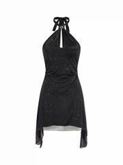 Textured Halter Neckline Cut Out Metal Detail A-line Mini Dress
