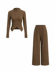 Cotton-blend High Neck Asymmetrical Hem Top & Mid Rise Straight Leg Trousers Set