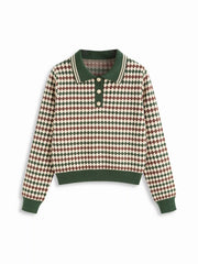 Knit Polo Collar Argyle Pattern Top