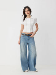 Cotton-blend Textured Puff Sleeve Ruffled Short Sleeve Blouse
