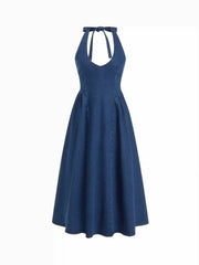 Stretch Denim Halter Neckline Washed A-line Maxi Dress