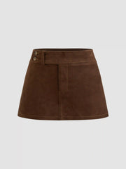 Suede Low Rise Solid Button Mini Skirt
