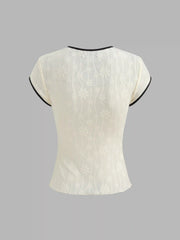 Round Neckline Floral Contrasting Binding Cut Out Knotted Short Sleeve Top