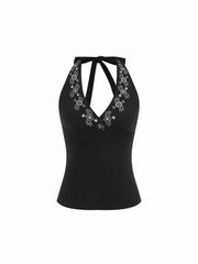 Cotton-blend Floral Halter Neckline Embroidery Tank Top