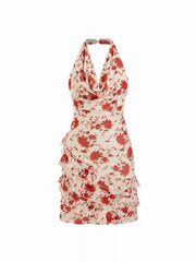 Chiffon Floral Halter Neck Tiered Mini Dress