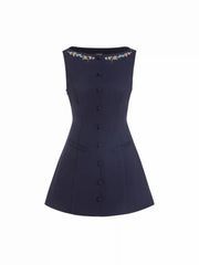 Cotton-blend Floral Boat Neck Embroidery A-line Mini Dress