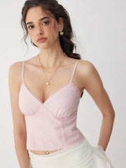 Cotton-blend Gingham Sweetheart Shirred Lace Trim Cami Top