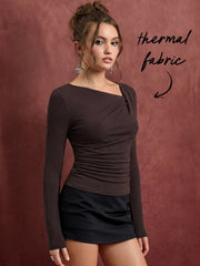 Thermal Cotton-blend Asymmetrical Neck Long Sleeve Ruched Top