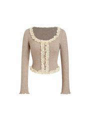 U-neckline Lace Trim Long Sleeve Top