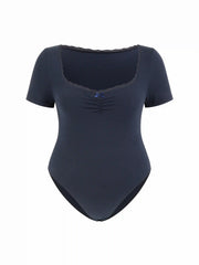 Cotton-blend Square Neck Lace Panel Ruched Bodysuit Curve & Plus