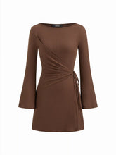 Boat Neck Wrap Ruched Knotted Bell Sleeve Mini Dress