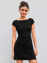 Cotton-blend Boat Neck Solid Ruched Mini Dress