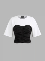 Round Neck Two Tone Ruched Crop Short Sleeve Top