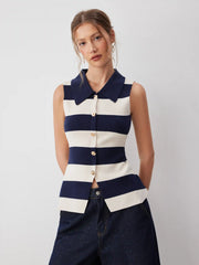 Knit Collar Two Tone Striped Split Tank Top With Metal Button
