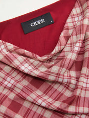 Jersey Plaid Cowl Neck Ruched Ruffle Hem Mini Babydoll Dress