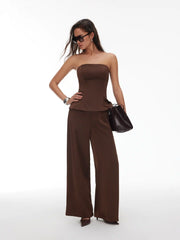 High Stretch Peplum Bandeau Top & Mid Rise Wide Leg Trousers Set