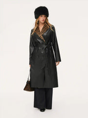 Faux Leather Leopard Faux Fur Trim Double Breasted Coat With Belt