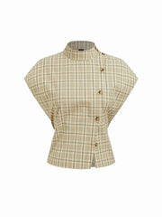 Cotton-blend Plaid Stand Collar Tie Back Blouse
