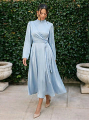Satin Stand Collar Bell Sleeve Wrap Maxi Flared Dress