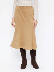 Suede Mid Rise Metal Detail Mermaid Midi Skirt