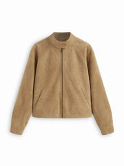 Suede Stand Collar Long Sleeve Zip Through Oversized Jacket