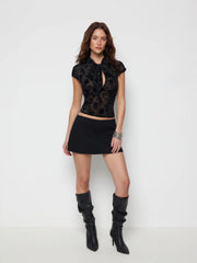 Floral Lace Round Neckline Bowknot Tie Front Top