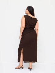 Asymmetrical Neck Ruched Metal Detail Draped Maxi Dress Curve & Plus