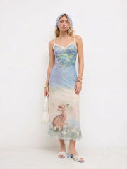 Mesh Deer Graphic Sweetheart Lace Trim Slip Maxi Dress