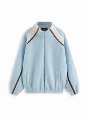 Fleece Stripe Zip Through Oversized Long Sleeve Sweatshirt