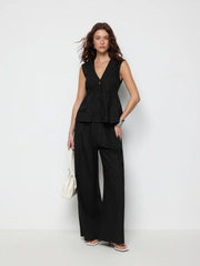 Linen-blend V-neck Ruched Peplum Top & Mid Rise Wide Leg Trousers Set