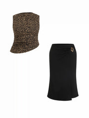 Leopard Print Stand Collar Top & Mid Rise Metal Detail Maxi Skirt Set Curve & Plus