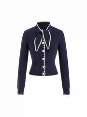 Knit Stand Collar Bowknot Contrasting Binding Long Sleeve Cardigan