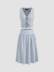 Cotton-blend V-neck Striped Tie Front Crop Vest & Mid Rise Striped Ruffle Midi Skirt