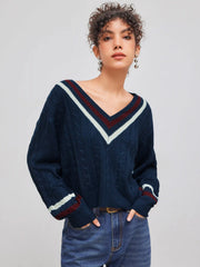 Cable Knit V-neck Solid Contrasting Binding Long Sleeve Top