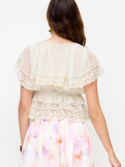 Chiffon V-neck Ruffled Lace Trim Tie Front Blouse