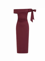 Asymmetrical Neck Mid Rise Bowknot Midi Bobycon Dress