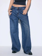 Washed Denim Mid Rise Straight Leg Jeans