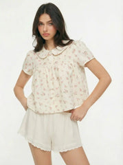 Floral Peter Pan Collar Short Sleeve Blouse