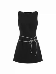 Boat Neck Contrasting Binding Knotted A-line Mini Dress