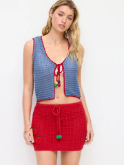 Knit Crochet V-Neck Colorblock Tie Front Bow Oversized Vest