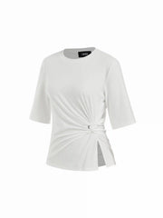 Cotton-blend Ruched Twist Mid-length Sleeve Tee