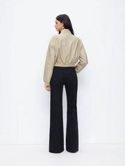 Stand Collar Zip Through Faux Leather Bomber Jacket
