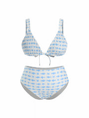 V-neck Fish & Starfish Graphic Shirred Triangle Bikini Set Curve & Plus