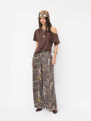 Cotton-blend Mid Rise Elastic Waist Floral Camo Wide Leg Trousers